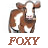 Pixelated brown cow with white patches stands facing right, head slightly turned toward viewer, below pixelated text reading 'FOXY' in brown block letters.