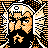 Pixelated 48x48 static icon featuring a stylized orange and black character with checkered patterns, surrounded by abstract geometric shapes in matching colors.