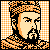 Pixelated 50x50 static icon of a historical figure with orange hair and beard against an orange-and-white checkered background, rendered in low-resolution pixel art style.