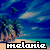 Pixelated beach scene with palm trees and blue sky, overlaid with the name 'melanie' in white text on a black bar at bottom.