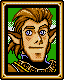 Pixelated elf-like character with brown hair and blue eyes in a gold frame, green background, wearing ornate armor.