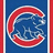 Blue background with red and white 'C' logo containing a bear silhouette, red background with pixelated text reading 'Who Win? Cubs Win!' in white.