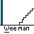 Pixelated animation of a character with green hair and orange arms riding a skateboard up a staircase, with text "Wee man" below.