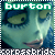 Pixelated face with teal skin, green eyes, and closed mouth; text "burton" above and "corpsbride" below in blocky font.