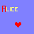 Pixelated 'ALICE' text in yellow with colored first letters above pixel hearts on a blue background.