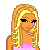 Pixelated character with blonde hair and blue eyes wearing a pink top, standing next to separate clothing items on white background.