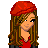 Pixel art image of a woman with long brown hair wearing a red beret and red top, holding a white object, with partial text and repeated 'Rain' labels below.