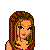 Pixel art contact sheet showing three frames of an animated buddy icon featuring a cartoon woman with brown hair in various poses and clothing, accompanied by pink text reading "I Love Being Brunett!!" on a black background.