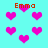 Cyan background with scattered pink pixelated hearts and orange text reading 'Emma' in four locations.