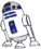 A white and blue droid with a rounded head, rectangular body, and three legs stands against a gray background in multiple poses.