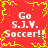 Red background with yellow pixelated border and central starburst; four identical text blocks reading 'Go S.J.V. Soccer!!' in white pixelated font.