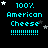 Pixelated text displays '100% American Cheese' with dotted lines below, surrounded by white and gray stars on a black background.