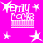 Pixelated pink background with white text 'Emily' and 'Love' above a striped rectangle, surrounded by star shapes.