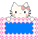 Pixel art of a white cat with pink bow, black whiskers, and green cheeks holding a blue rectangular frame bordered by pink hearts.