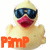 Animated yellow rubber duck wearing dark blue sunglasses with red beak, displaying 'Pimp' text in orange, yellow, and black