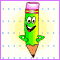 Green pencil-shaped character with pink eraser top, yellow body section, and brown tip; smiling face with wide eyes in two pixelated states.