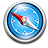 Circular blue icon with red and white needle-like elements on a light gray background.