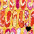 A static pixelated image composed of multiple overlapping red and pink heart shapes on a yellow-orange background with scattered white pixels.