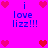 Pixelated icon with bright pink background displaying blue text 'i love lizz!!!' surrounded by red heart symbols in multiple arrangements.