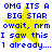 Blue pixelated text and yellow star on white background, repeated in four identical with no visible animation changes