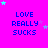 Bright pink background with blue text reading "LOVE REALLY SUCKS" repeated in a , surrounded by small cyan and purple stars