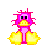 Pixelated duck-like character with yellow feet, black eyes, and a beak in pink, green, or blue body colors.