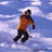 Pixelated static image of a person in motion against a blue sky background with white clouds, wearing an orange top and dark pants.
