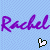Purple 'Rachel' text repeated twice on light blue background with four pixelated hearts in white, green, pink, and orange.