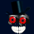 A 50x50 pixel animated contact sheet showing three frames of a cartoon skull character with red eyes, white teeth, and a top hat against a dark blue background.