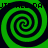 Four green spiral patterns arranged in a on a dark background with repeated text fragments above and below the