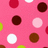 Pink background with scattered brown, white, and green polka dots; right side features brown with pixelated text "Kimberly" in white