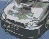 A 4x4 contact sheet of a pixelated animated car icon with four distinct frames showing sequential motion across the grid, displayed on a gray transparency background.