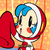 A pixelated cartoon character with blue hair and red cheeks holds a large red object against an orange background, next to bold black text reading "You DUMB ASS" on white.
