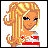 Pixel art buddy icon split into two frames showing a blonde character and red text on white background with red border.
