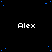 Black background with scattered blue dots and repeated white text 'Alex' in pixelated font across the