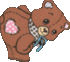 Two brown teddy bears face each other with closed eyes, wearing checkered scarves and blue bows, holding pink heart-shaped patches.