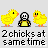 Animated pixel art shows two yellow chicks flanking a central figure with black-and-white face and yellow torso, each chick's pose changing across frames.