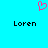 A static pixel art image with a bright cyan background, featuring two identical black text 'Loren' labels and one pink heart-shaped symbol above them.