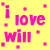 Yellow background with pink text reading "i love will" and scattered white squares, two identical static frames side-by-side.