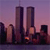 Pixelated cityscape at dusk featuring two prominent twin towers flanked by shorter buildings against a purple-pink gradient sky.