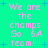 Pixelated text on a bright green background with blue star shapes, repeating 'We are the champs Go 6A team!!!!' in pink letters.