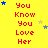 Yellow background with red text "You Know You Love Her" repeated in a , scattered blue and yellow stars