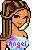 Pixel art contact sheet showing two animated frames of a female character with long blonde hair and a male character in gray clothing, accompanied by pink text reading "i'll love him 4 eva!!" on the right side.
