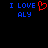 Blue pixelated text "I LOVE ALY" with a red pixelated heart symbol replacing the 'O' in LOVE on the left side of a black background.