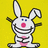 Pixelated bunny with pink nose and chest, arms crossed on yellow background; blue display white text fragments