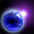 A pixelated circular icon with a blue core and purple gradient background, featuring a bright white light effect on the right side.