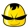 Four yellow cartoon heads with black hair and sunglasses, each showing different eye expressions against a gray background.