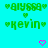 Green pixelated text 'alyssa' and 'kevin' with heart symbols on cyan background, pink hearts animate in sequence.