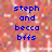 Blue pixelated text on a blurred pinkish-orange background, displaying two side-by-side phrases with 'and' between names and 'bffs' at the bottom.
