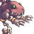 Pixelated cartoon monster with pink and purple body, green eye, sharp teeth, yellow accents on limbs, and skeletal hands holding a bone-like object against white background.